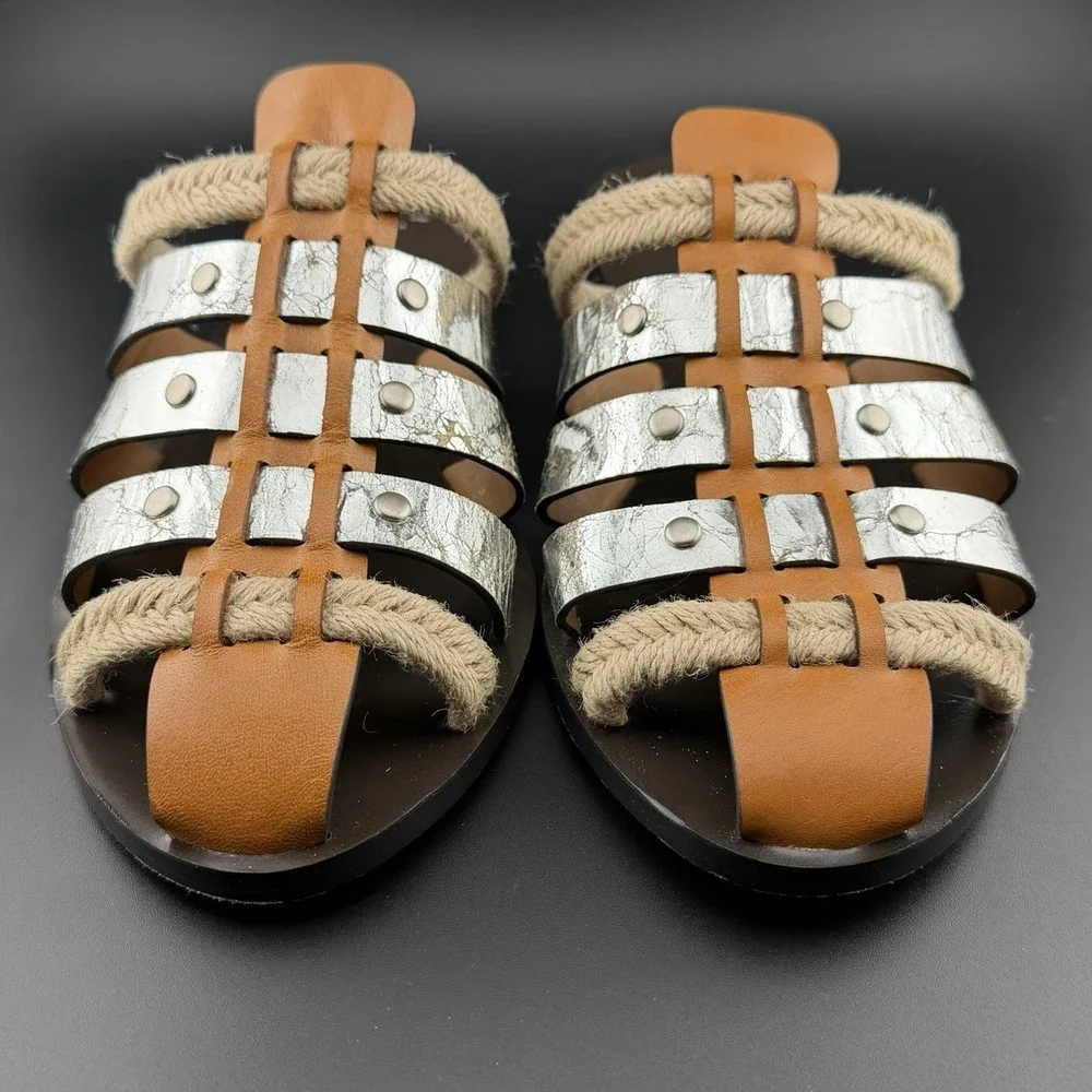 Tory Burch Fisherman Mule Sandal Brandy/Silver Leather Size 8 *See Closeup As-Is